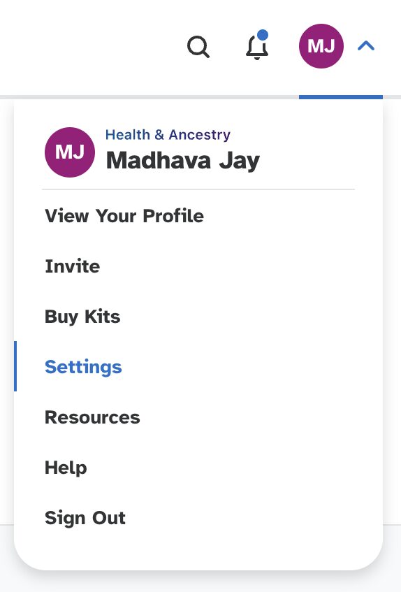 23andMe profile menu showing Settings
