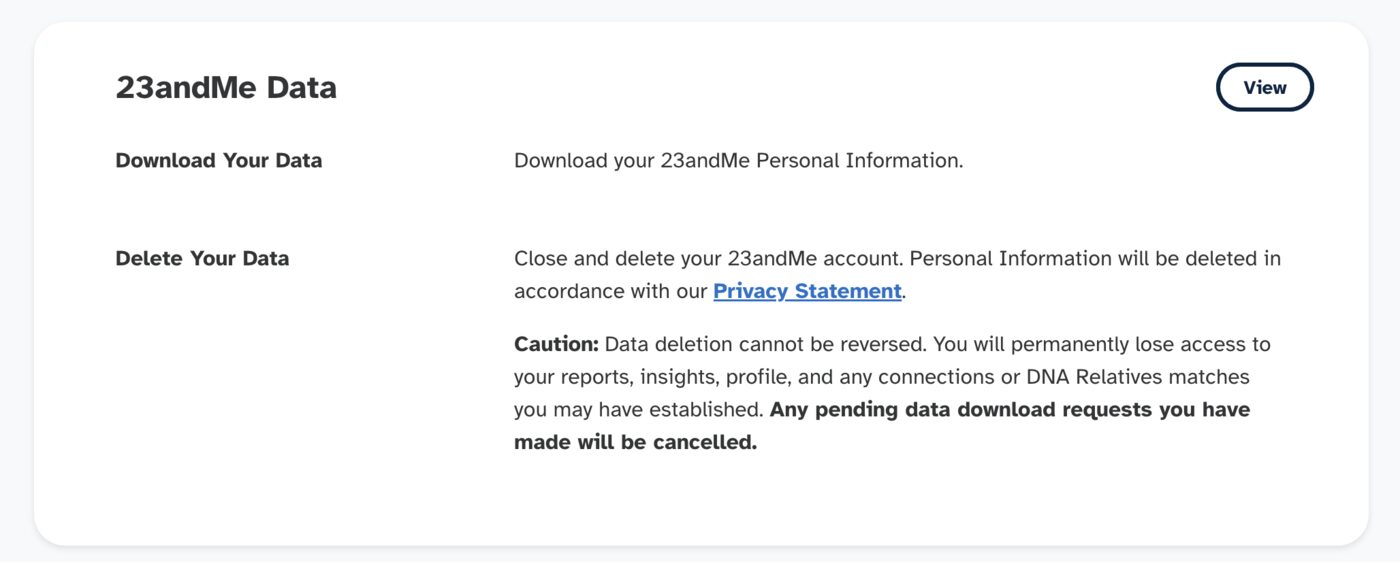 23andMe settings page with View Your Data option