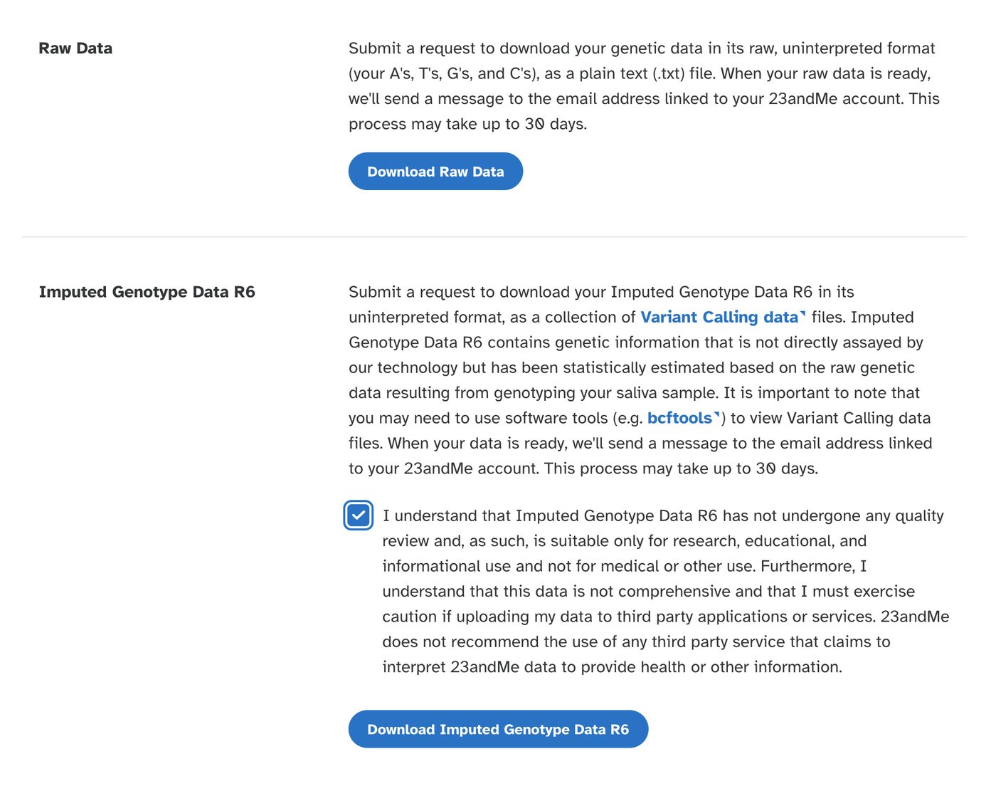 23andMe page with Raw Data and Imputed Genotype Data R6 request buttons