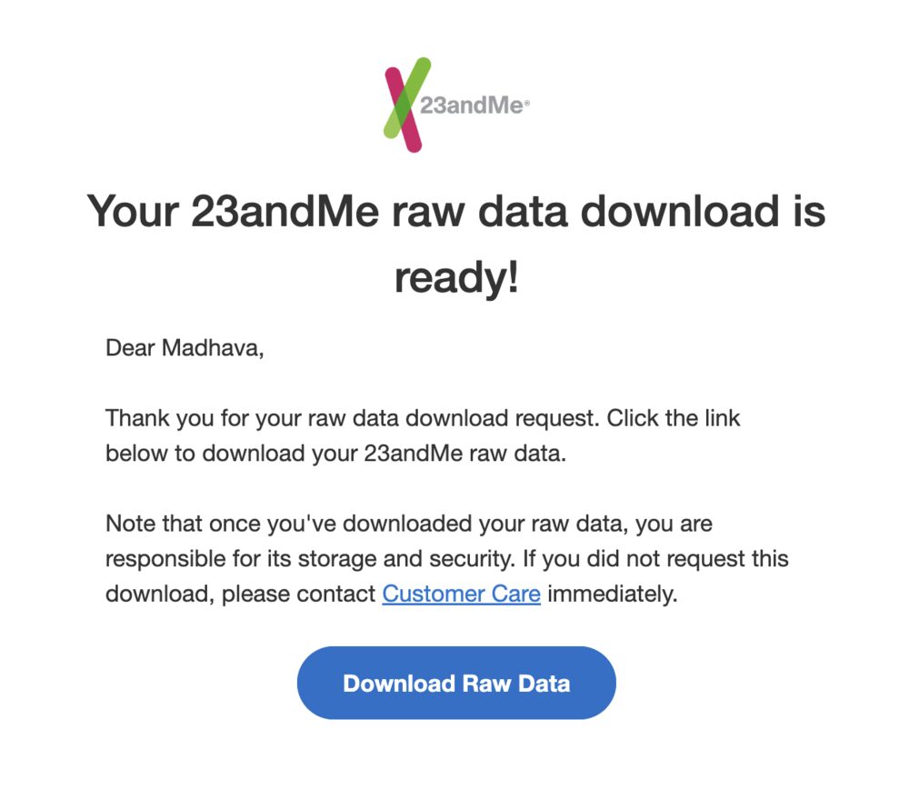 Email notification that 23andMe raw data is ready to download