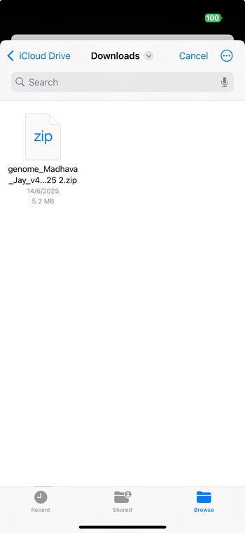 iOS file picker showing a downloaded 23andMe ZIP file